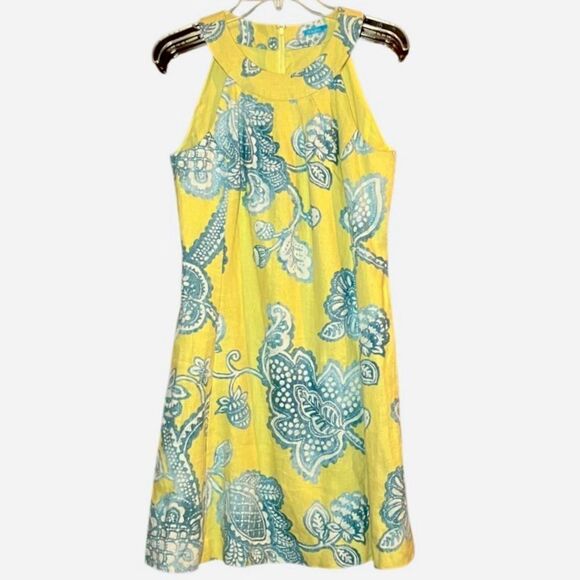 J McLaughlin Linen Jacobean Floral Sleeveless Dress in Yellow/Blue Women’s 2 - Picture 4 of 7